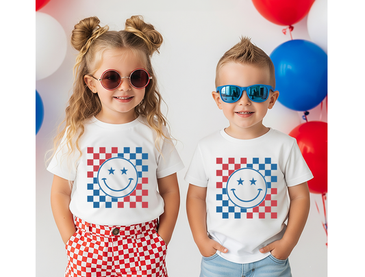 Patriotic Checkered Smiley Face Kids' Tee, Toddler Tee & Crewneck Sweatshirt