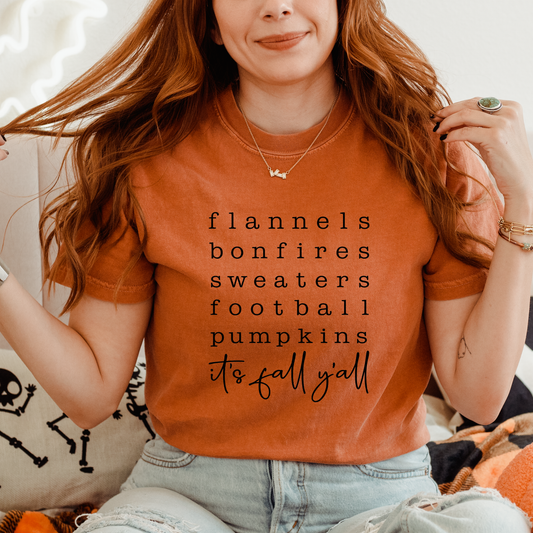 Flannels Bonfires Sweaters Football Pumpkins | It's Fall Y'all Tee & Crewneck