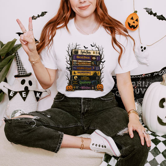 Halloween VHS Stack | Retro Horror Movie Graphic Tee & Crewneck | Comfort Colors
