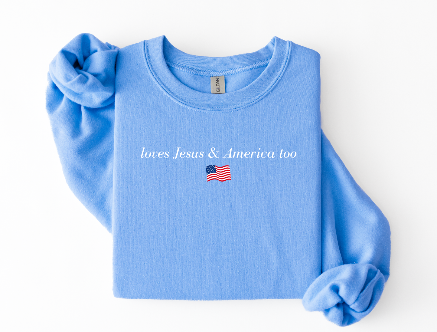 Loves Jesus and America Too - Wavy Flag | Faith Collection Tee & Crewneck