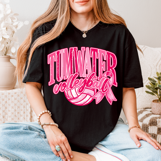 Tumwater Volleyball Script & Pink Ribbon Tee & Crewneck