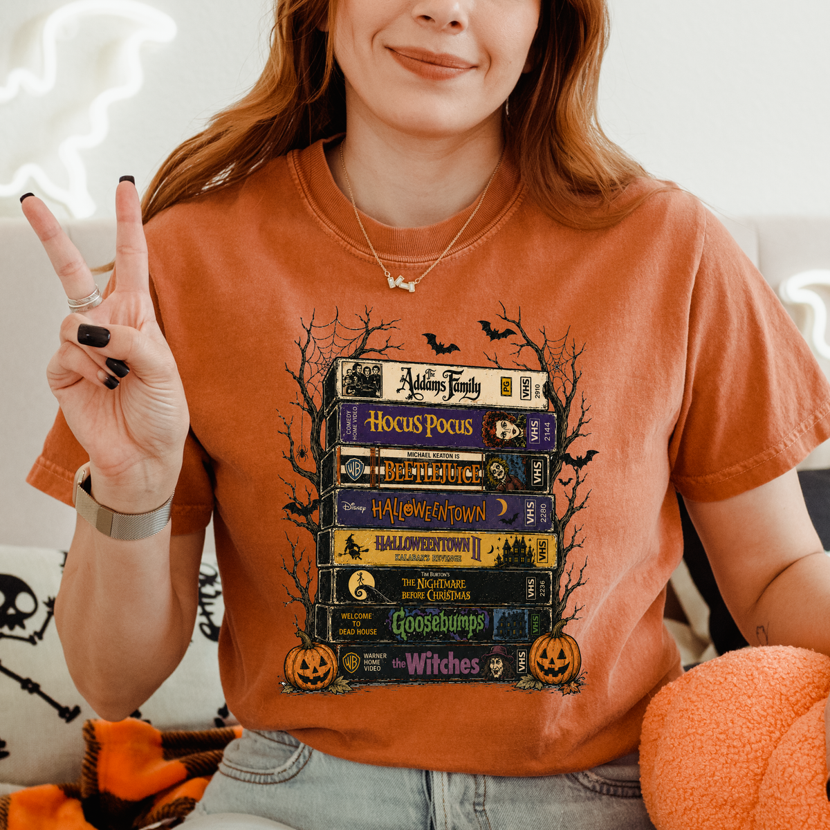Halloween VHS Stack | Retro Horror Movie Graphic Tee & Crewneck | Comfort Colors