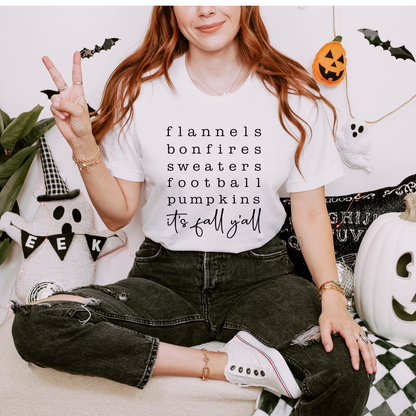 Flannels Bonfires Sweaters Football Pumpkins | It's Fall Y'all Tee & Crewneck