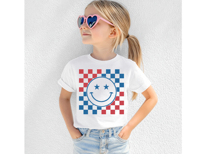 Patriotic Checkered Smiley Face Kids' Tee, Toddler Tee & Crewneck Sweatshirt
