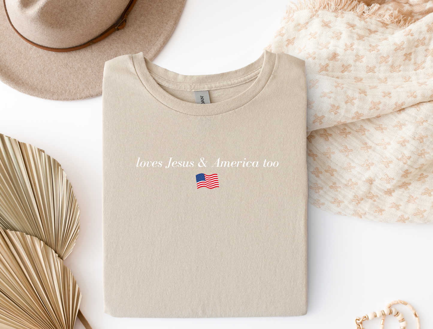 Loves Jesus and America Too - Wavy Flag | Faith Collection Tee & Crewneck