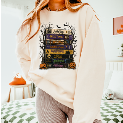 Halloween VHS Stack | Retro Horror Movie Graphic Tee & Crewneck | Comfort Colors