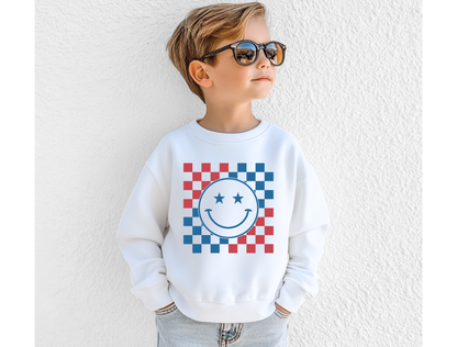 Patriotic Checkered Smiley Face Kids' Tee, Toddler Tee & Crewneck Sweatshirt