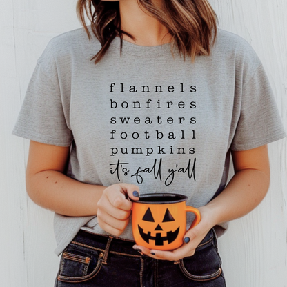Flannels Bonfires Sweaters Football Pumpkins | It's Fall Y'all Tee & Crewneck