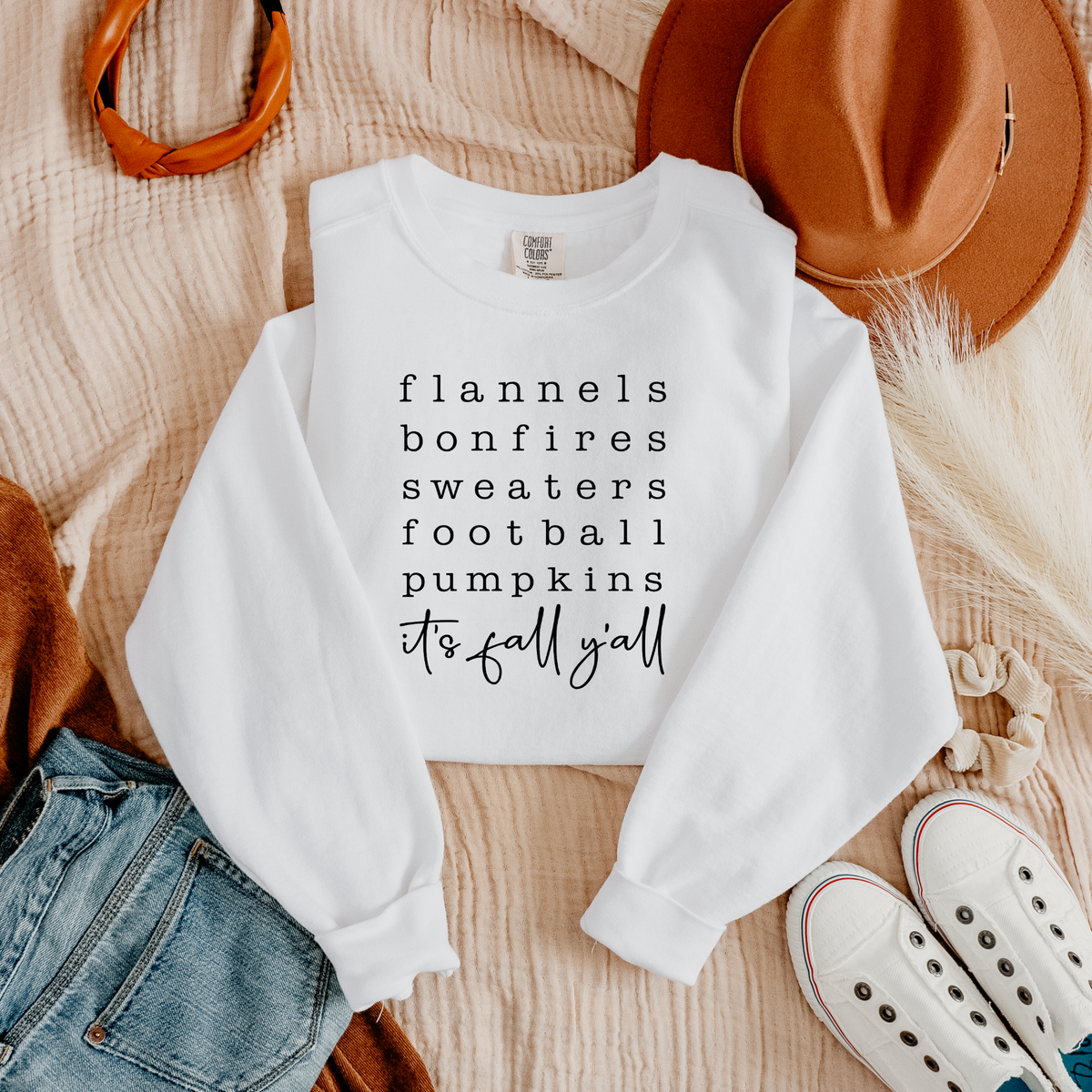 Flannels Bonfires Sweaters Football Pumpkins | It's Fall Y'all Tee & Crewneck