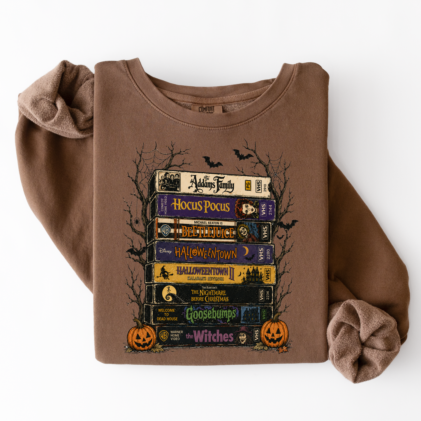 Halloween VHS Stack | Retro Horror Movie Graphic Tee & Crewneck | Comfort Colors
