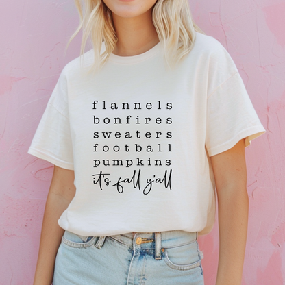 Flannels Bonfires Sweaters Football Pumpkins | It's Fall Y'all Tee & Crewneck