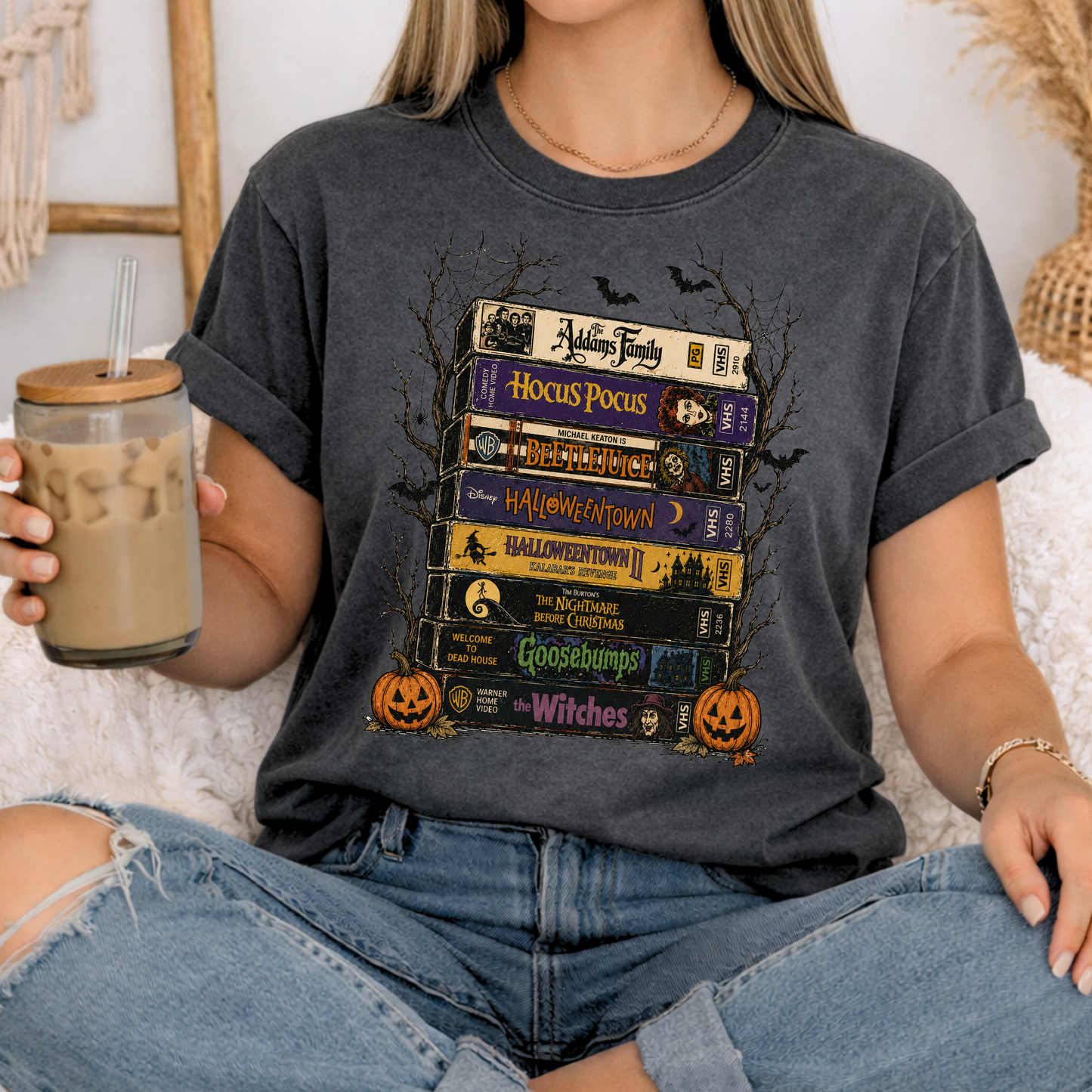 Halloween VHS Stack | Retro Horror Movie Graphic Tee & Crewneck | Comfort Colors