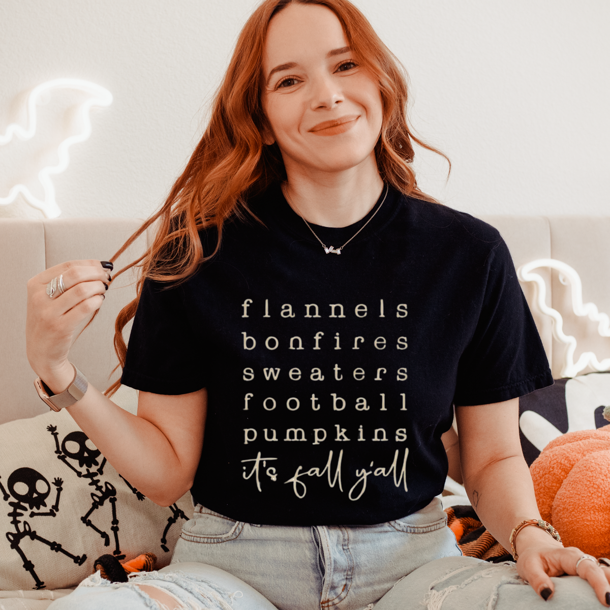 Flannels Bonfires Sweaters Football Pumpkins | It's Fall Y'all Tee & Crewneck